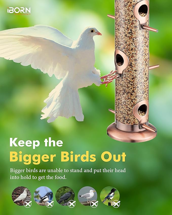 iBorn Metal Bird Feeders Brushed Copper Wild Bird Feeder for Outdoors Hanging All Metal Brushed Copper Finishing 14 Inch 6 Port(Seed is not Included)-Ruum Studio Home