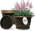 4 Pack 16 Inch Retro Plant Pots, Vintage Striped Flower Pots with Drainage Hole & Saucer, Large Plastic Planters for Indoor and Outdoor Plants, Decorative Garden Pots(Gold)-Ruum Studio Home