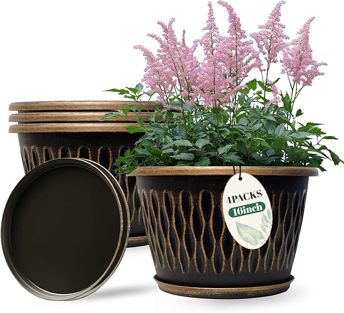 4 Pack 16 Inch Retro Plant Pots, Vintage Striped Flower Pots with Drainage Hole & Saucer, Large Plastic Planters for Indoor and Outdoor Plants, Decorative Garden Pots(Gold)-Ruum Studio Home