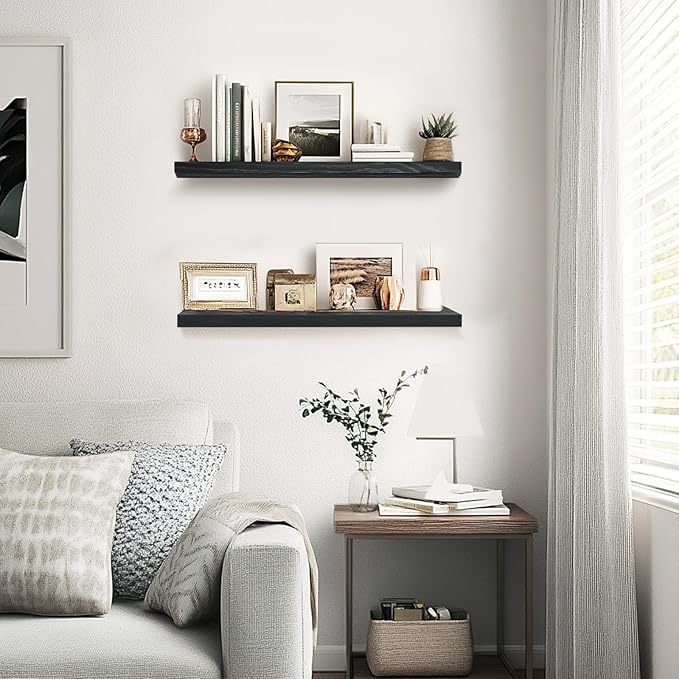Floating Wall Shelves 2-Pack - Rustic Black 16-inch Wooden Wall Shelves for Storage and Décor, Multi-Functional and Easy to Install for Living Room, Bedroom, and Kitchen-Ruum Studio Home