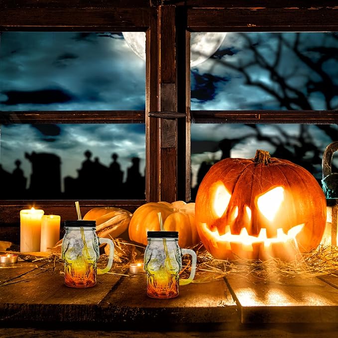 Halloween Cups Set of 4 - Yellow Skull Glass Drinking Jar with Lids and Straws - Halloween Decor, Drinking Glasses 16 oz-Ruum Studio Home