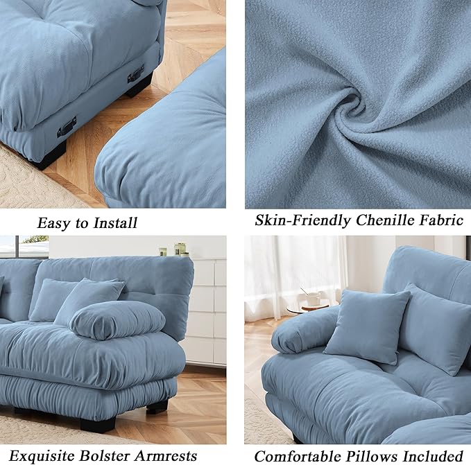 Modular Sectional Sofa, Comfy Cloud Couch Oversized Loveseat with Ottoman, Sectional Couches for Living Room, Modern Chenille L Shaped Couch, Sleeper Deep Seat Sofa with Throw Pillows, Blue-Ruum Studio Home
