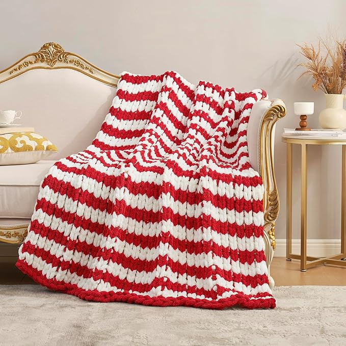 Amélie Home Chunky Knit Blanket Throw, Thick Soft Yarn Chunky Throw 50x60, Handmade Chenille Cable Knitted Crochet Throw Blanket, Warm Rope Knot Blanket for Couch Bed Sofa, Red White Stripe-Ruum Studio Home