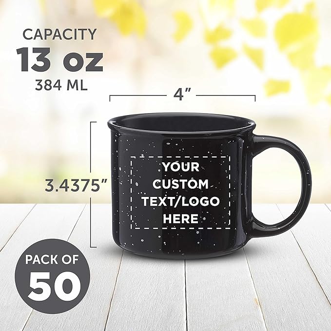 DISCOUNT PROMOS Custom Ceramic Campfire Coffee Mugs 13 oz. Set of 50, Personalized Bulk Pack - Perfect for Tea, Espresso, Cappuccino, Hot Cocoa - Black-Ruum Studio Home