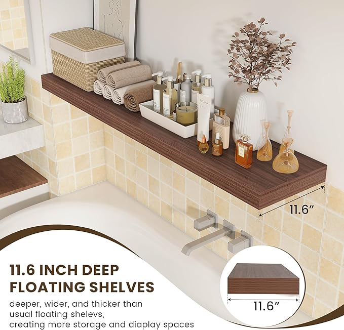 Deep Floating Shelves for Wall - 55 Inch Wide x 12 Inch Deep Wall Shelves Set of 1 - Rustic Walnut Color Wood Shelves for Living Room, Bathroom, Laundry Room, Bedroom, Kitchen, Home Office-Ruum Studio Home