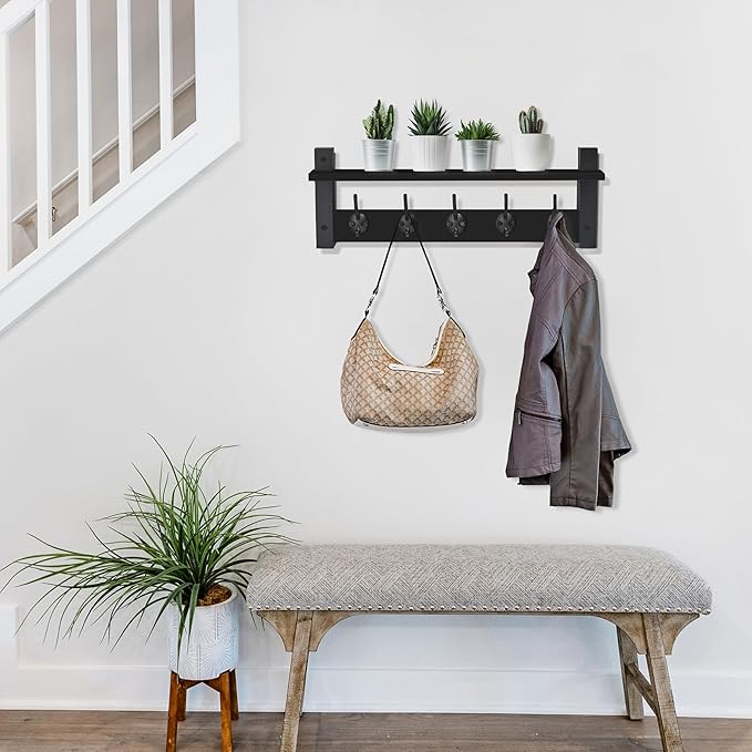 Sorbus Coat Hooks Wall Mount with Shelf – 24 Inch Coat Rack Wall Mount with 5 Heavy Duty Hooks – Floating Wall Shelf with Hooks for Entryway, Bathroom, Bedroom, Kitchen, or Mudroom (Black)-Ruum Studio Home