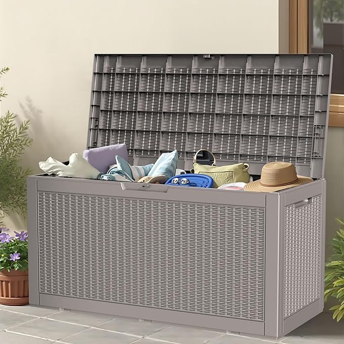 100 Gallon Storage Box, Waterproof Resin Deck Box with Hydraulic Piston Design, Lockable Storage Bench for Package Delivery, Storage Bin for Patio Cushions, Garden Tools, Grey-Ruum Studio Home