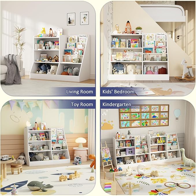 39" Large Kids Wooden Bookshelf and Toy Storage Organizer, Baby Bookcase with Sling Book Rack, Children Toddler Wooden Book Shelf for Kids Rooms, Playroom, Classroom, Nursery, School (White)-Ruum Studio Home