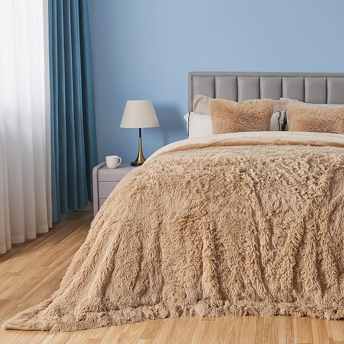 GONAAP Fuzzy Faux Fur Throw Blanket Queen Size Brown Super Soft Cozy Plush Fuzzy Shaggy Blanket for Couch Sofa Bed (Brown, Queen(90"x90"))-Ruum Studio Home