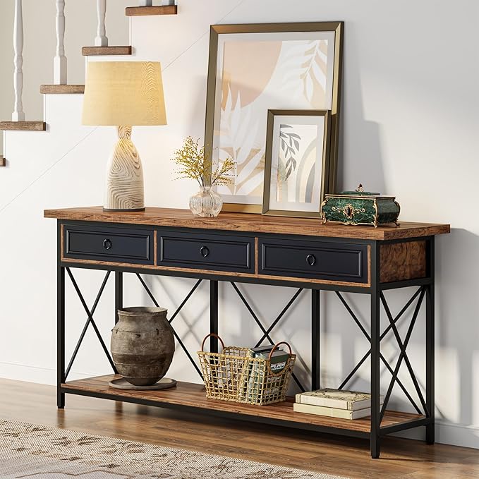 Tribesigns 70.8" Console Table with 3 Drawers, Farmhouse Entryway Table with Storage Shelf, Narrow Long Sofa Foyer Table for Entryway, Hallway (Brown/Black)-Ruum Studio Home