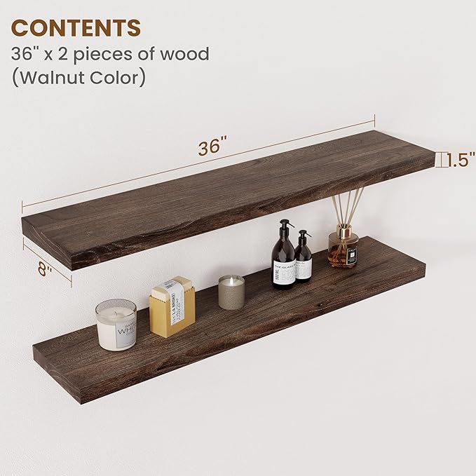 Floating Shelves for Wall Decor, 8 Inch Deep Rustic Solid Elm Wood Floating Shelves Wall Mounted, Wall Shelves with Invisible Bracket for Living Room Bathroom Bedroom Kitchen, 36 Inch Set of 2, Walnut-Ruum Studio Home