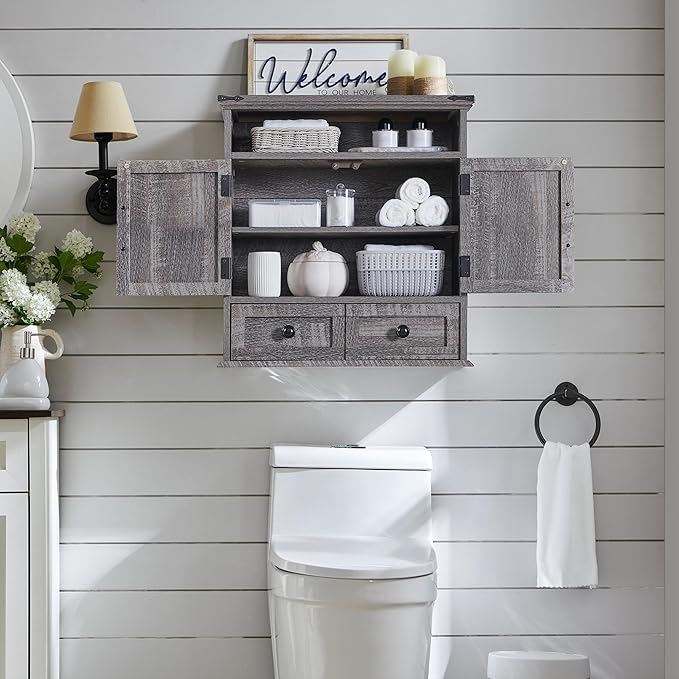 Bathroom Wall Cabinet, Farmhouse Medicine Cabinet, 24" Wide Cabinet with Drawer, Adjustable Shelf, Double Barn Doors, Storage Cabinet for Bathroom, Kitchen, Living Room, Grey Wash-Ruum Studio Home