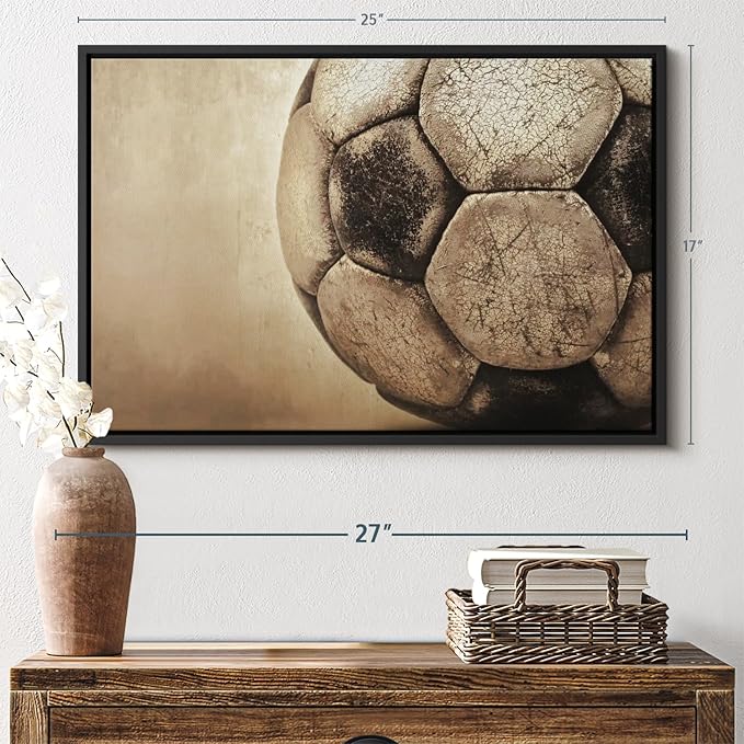 Elephant Stock Worn Soccer Ball Wall Art - Horizontal Framed Canvas - 1-Piece Living Room Wall Decor - Photography sports Canvas Print - Brown and Gray Decor for Wall - 25" X 17"-Ruum Studio Home