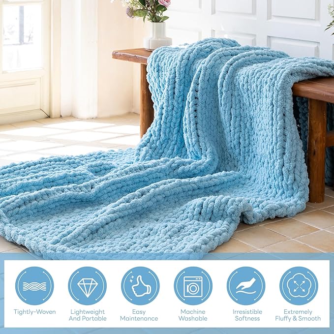 Chunky Knit Blanket - Luxury Soft Cozy 50 * 60 Throw Blanket,100% Woven Blanket Rope Knot Throw Blanket for Couch, Sofa, Home Decor, Gift - Machine Washable（Light Blue）-Ruum Studio Home