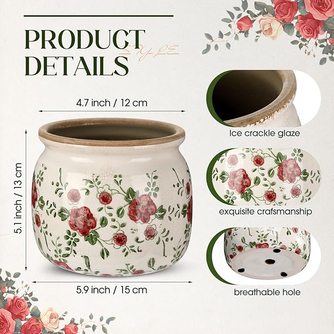 1 Pcs Vintage Planter Large Ceramic Plants Pot Red Plum Crack Cottage Scroll Vase Flower Vase Pot Indoor Plants Home Kitchen Decor Farmhouse Antique Decorative Gift-Ruum Studio Home