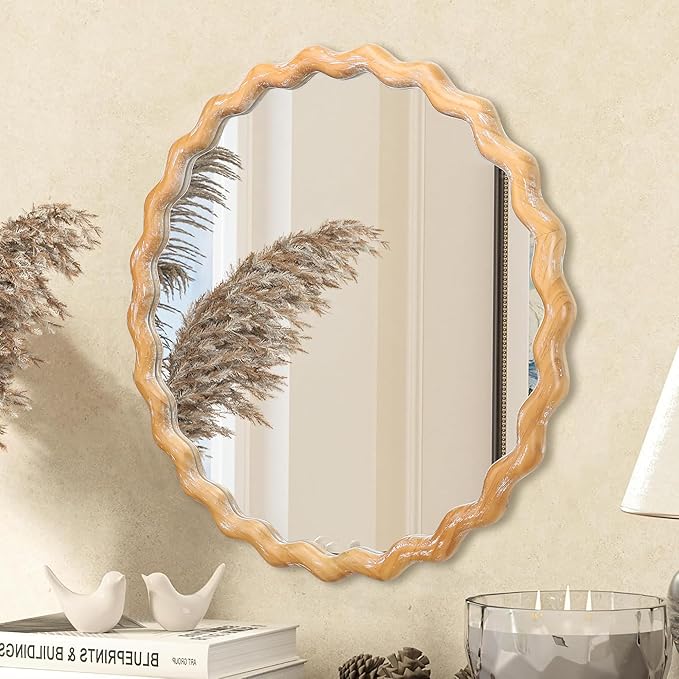 Wavy Mirror 27.5x27.5 Inch, Decorative Bathroom Mirror with Natural Wood Frame, Entry Way Mirrors for Wall, Shatterproof Glass, Mirrors for Wall Decor-Ruum Studio Home