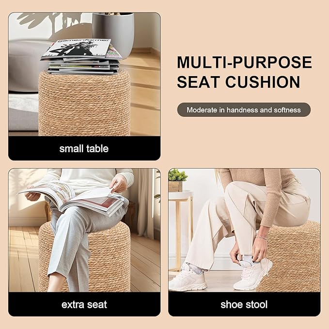 16'' Round Ottoman Natural Seagrass Braided Poof Hand Weaving Round Ottomans Boho Footrest Stool for Home Living Room Bedroom Patio(Natural)-Ruum Studio Home