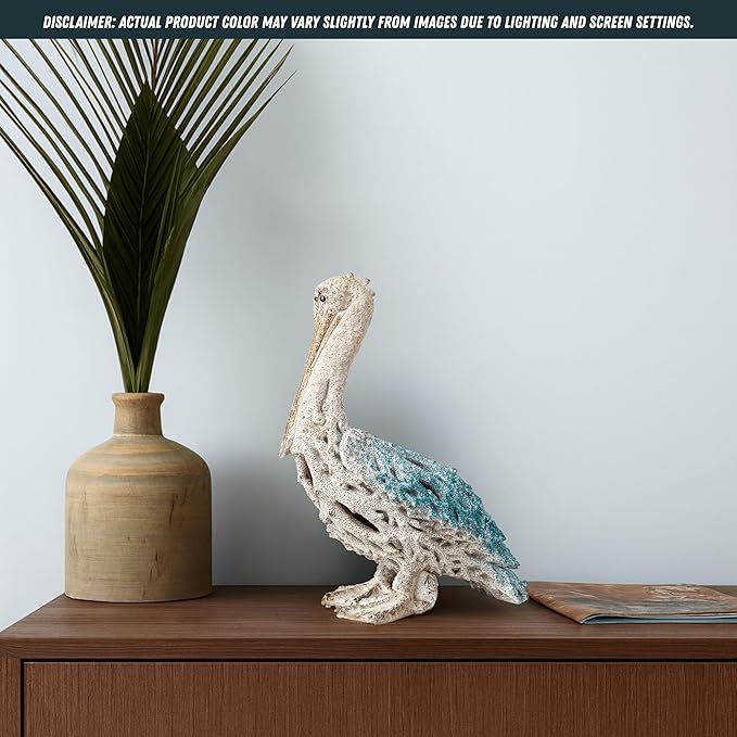 Blue Pelican Standing Figurine 13.75” Coastal Coral Reef Home Decor Nautical Beach Statue for Tabletop Shelf or Mantel Ocean Inspired Room Accents-Ruum Studio Home