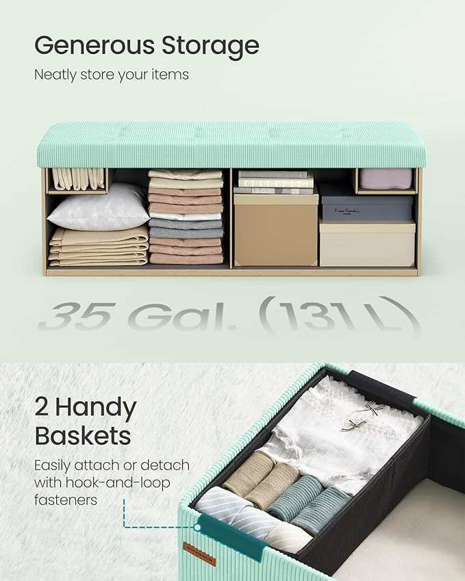 SONGMICS MAZIE Collection - Storage Ottoman Bench, Foldable Foot Rest, 15 x 43 x 15 Inches, End of Bed Bench, Storage Chest, Load 660 lb, Living Room, Bedroom, Entryway, Moonlight Green ULSF604C01-Ruum Studio Home