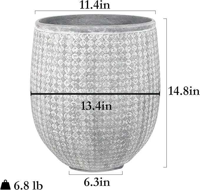 Worth Garden 12" Dia x 15" H Grey Round Planter – Lightweight Magnesium Oxide Cement Plant Pot with Texture – Raised Pattern Concrete Look – Drainage Hole – Indoor & Outdoor Use-Ruum Studio Home