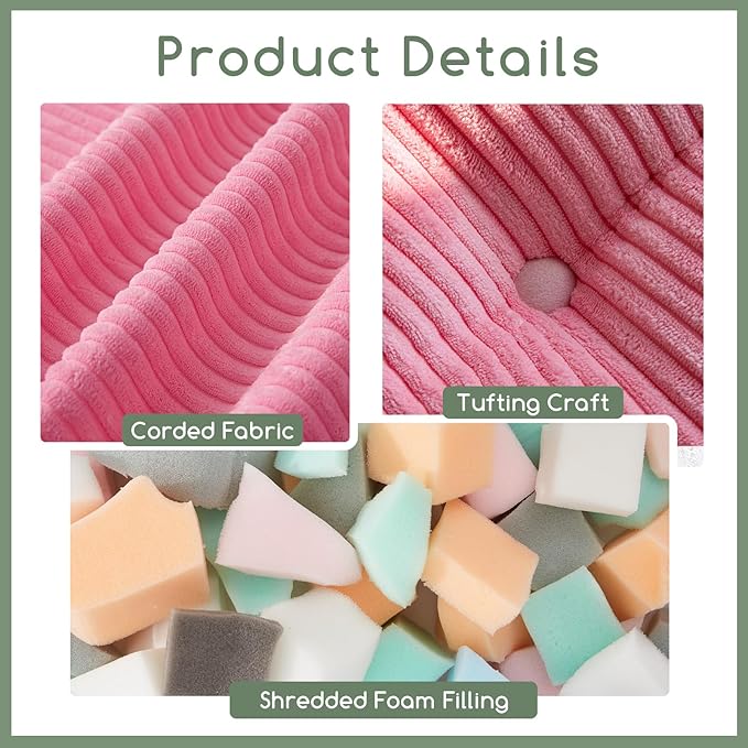 HIGOGOGO Square Stuffed Pouf Ottoman, Corduroy Poufs with Foam Chunk Filling, Furry and Fluffy Pouf Foot Stool Storage Ottoman, 21 X 21 Floor Poufs Foot Rest for Living Room, Pink-Ruum Studio Home