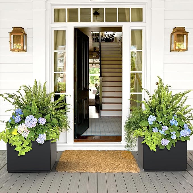 FENCY Large Square Planter 17" L x 17" W x 18" H, Planters for Outdoor Plants, Large Outdoor Planters for Porch Patio, Black Square Planter with Drainage Hole, All-Weather Use Cube Planter-Ruum Studio Home