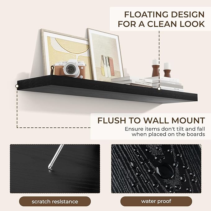RICHFOCUS 40Inch Floating Shelves for Wall 2 Pack Shelves for Bedroom|Kitchen|Bathroom Wall Mounted Rustic Wood Floating Shelf with Invisible Brackets for Books|Storage|Decor, Black-Ruum Studio Home