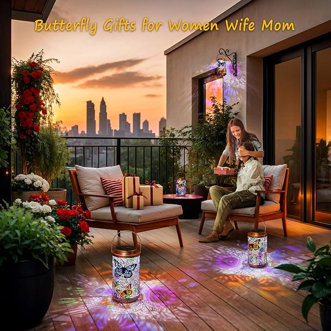 2Pack Solar Lanterns Outdoor Waterproof Colorful Butterfly Garden Gifts for Women, Multicolor Solar Outside Lights Patio Lantern for Yard, Backyard, Porch, Mothers Day Gifts for Mom Grandma Wife-Ruum Studio Home