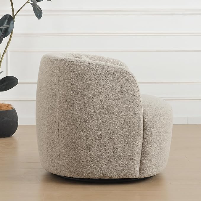 KINWELL 34" Wide Sherpa Swivel Barrel Chair, No Assembly Round Boucle Upholstered Accent Chair Armchair Single Sofa Chair with Toss Pillow for Living Room and Bedroom, Taupe-Ruum Studio Home