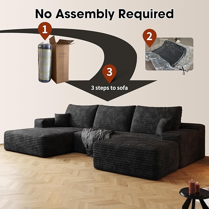 108" Sectional Couches for Living Room Modern Modular Sofa with L-Shape Couchs Upholstered Boneless Couch Deep Seat Sectional Couch with Chaise (Black, Left Facing Chaise+2Seaters+1Ottoman)-Ruum Studio Home