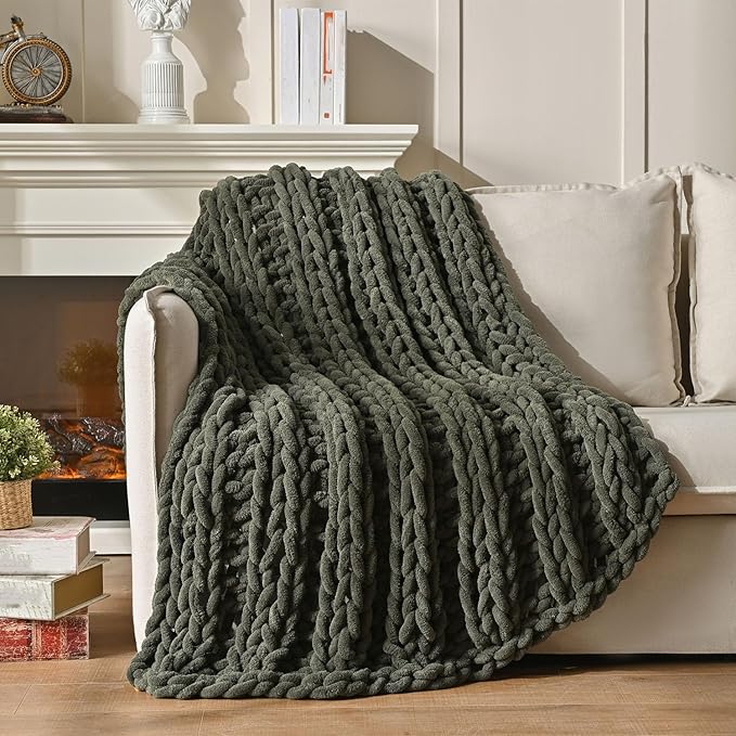 Esterra Chunky Knit Blanket Throw, 100% Handmade Chenille Throw Blanket 40"x50", Soft Thick Yarn Cable Knit Crochet Throw Blanket Rope Knot Throw for Couch Bed Sofa, Dusty Olive-Ruum Studio Home
