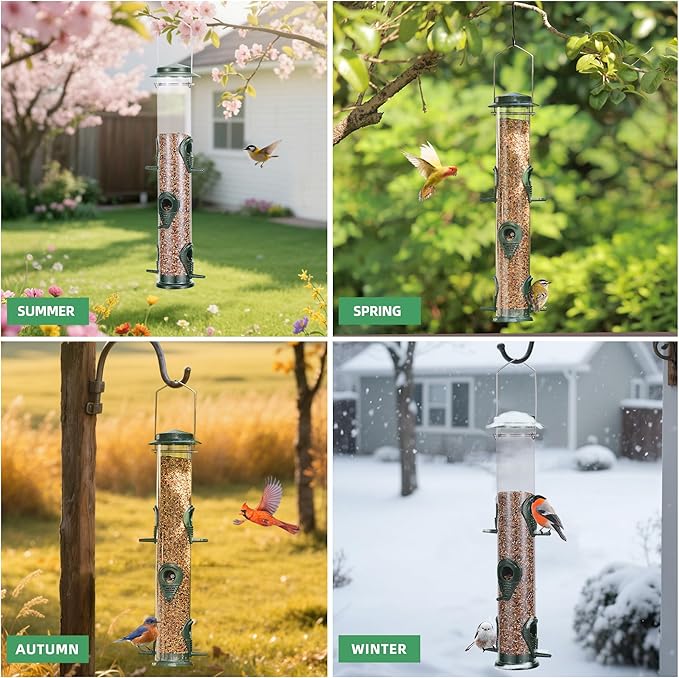 MIXXIDEA 1PK Metal Bird Feeders with 6 Feeding Ports,Tube Bird Feeder with Steel Hanger,Hard Plastic Wild Bird Feeder for Outdoors Hanging, Attracting Birds in Your Lawn, Garden, Balcony–Green-Ruum Studio Home
