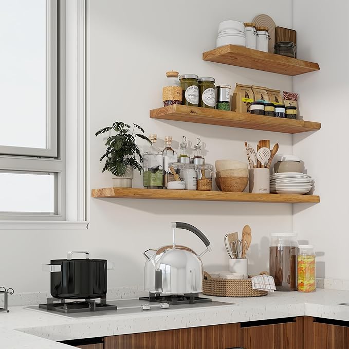 Axeman 24 inch Floating Shelves for Wall - 8'' D Live Edge Rustic Solid Elm Wood Floating Shelves Wall Mounted, Wall Shelves with Invisible Bracket for Living Room Bedroom Kitchen, Set of 2 Natural-Ruum Studio Home