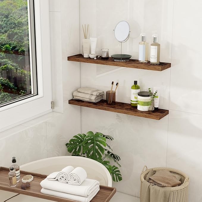 Fun Memories Floating Shelves for Wall, 30" Rustic Wood Deep Wall Mounted Shelves with Invisible Brackets for Decor & Storage, Floating Shelf for Living Room, Bathroom (Rustic Brown, Set of 2)-Ruum Studio Home