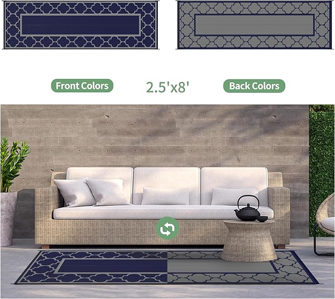 GENIMO 2.5 ' x 8 ' Outdoor Rug for Porch Patio Clearance, Waterproof Indoor Outdoor Plastic Straw Rugs Carpet, Reversible Outside Area Rv Mat for Camping, Balcony, Deck, Picnic, Beach (Blue & Gray)-Ruum Studio Home