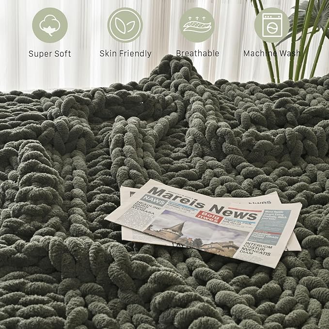 Esterra Chunky Knit Blanket Throw, 100% Handmade Chenille Throw Blanket 40"x50", Soft Thick Yarn Cable Knit Crochet Throw Blanket Rope Knot Throw for Couch Bed Sofa, Dusty Olive-Ruum Studio Home