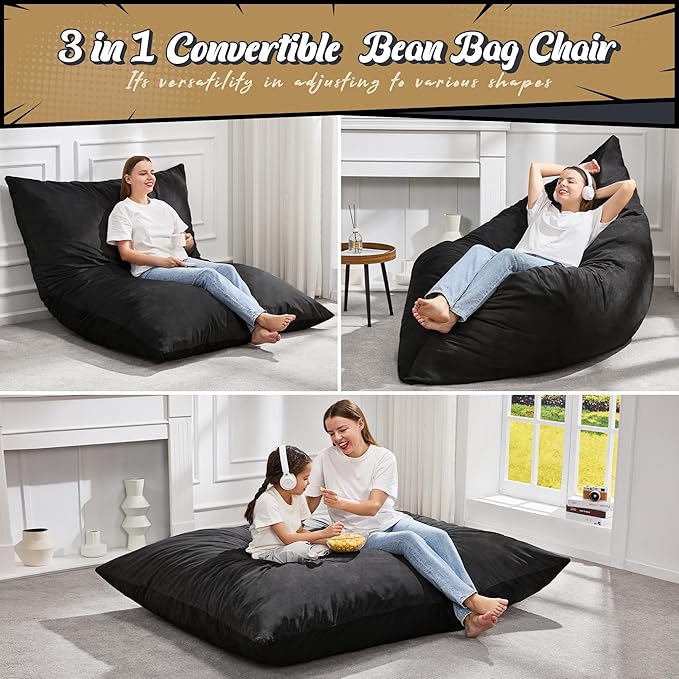 Hobestluk 3 in 1 Bean Bag Chair Giant Bean Bag Chairs for Adults with Velvet Cover Convertible Bean Bag Floor Cushion with Machine Washable Cover for Living Room (Velvet Black)-Ruum Studio Home