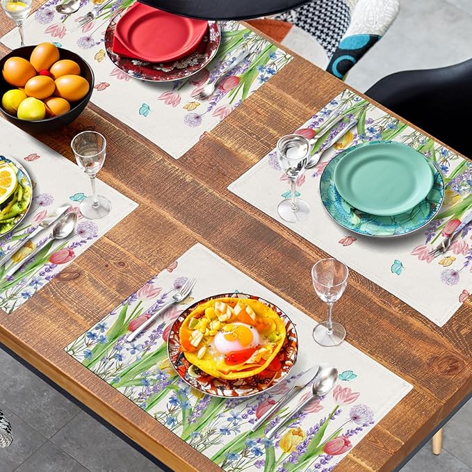 Tulip Placemats Set of 4 Spring Summer Flowers Tulips Lavender Place Mats Watercolor Floral Dandelion Butterfly Non-Slip Heat Resistant Washable Linen Table Mats for Dining Table Kitchen Decor-Ruum Studio Home
