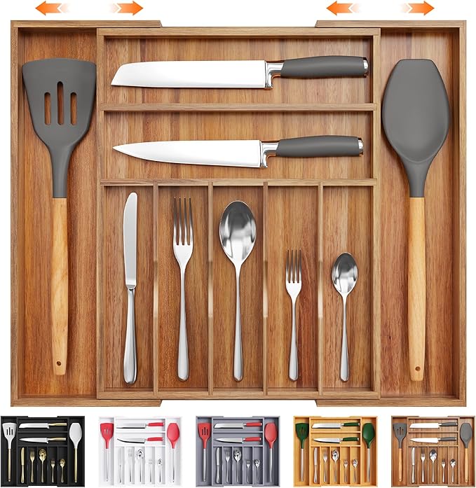 Bellsal Large Premium Acacia Wood Silverware Organizer - Expandable Utensil Drawer Organizer - 17"x19.6" Utensil Holder and Cutlery Tray with Grooved for Kitchen Flatware Utensils(7-9 Slot, Acacia)-Ruum Studio Home