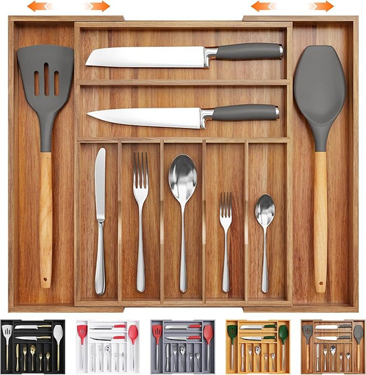 Bellsal Large Premium Acacia Wood Silverware Organizer - Expandable Utensil Drawer Organizer - 17"x19.6" Utensil Holder and Cutlery Tray with Grooved for Kitchen Flatware Utensils(7-9 Slot, Acacia)-Ruum Studio Home