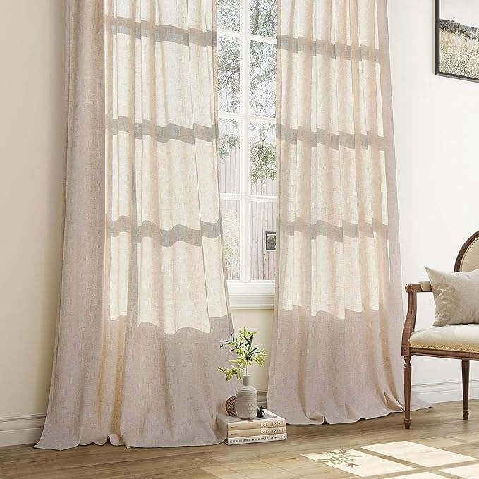 FMFUNCTEX Pinch Pleated Curtains 84 Inches Long for Living Room, Beige Semi Sheer Faux Linen Textured Pleat Drapes for Bedroom with Hooks, Light Filtering Neutral Farmhouse Window Drapes 2 Panels-Ruum Studio Home