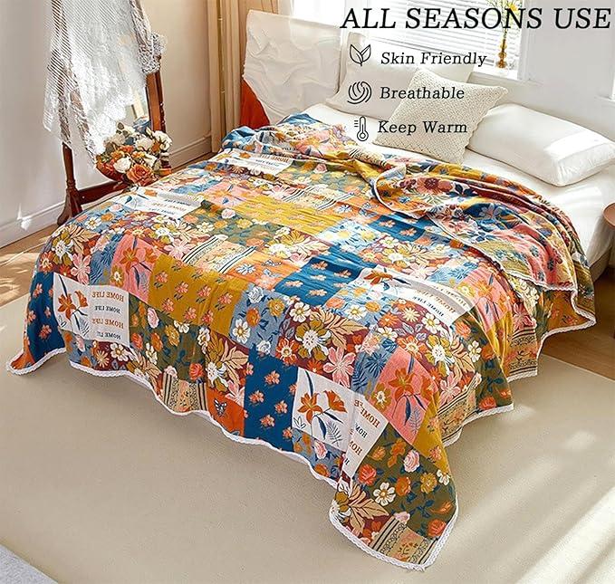 Throw Blanket for Couch Bed, 100% Cotton Muslin 60''x80'' Travel Bed Blankets Mexican Boho Quilt Flowers Blanket Lightweight Blanket Soft Warm Throws Gifts for Women Mom-Ruum Studio Home