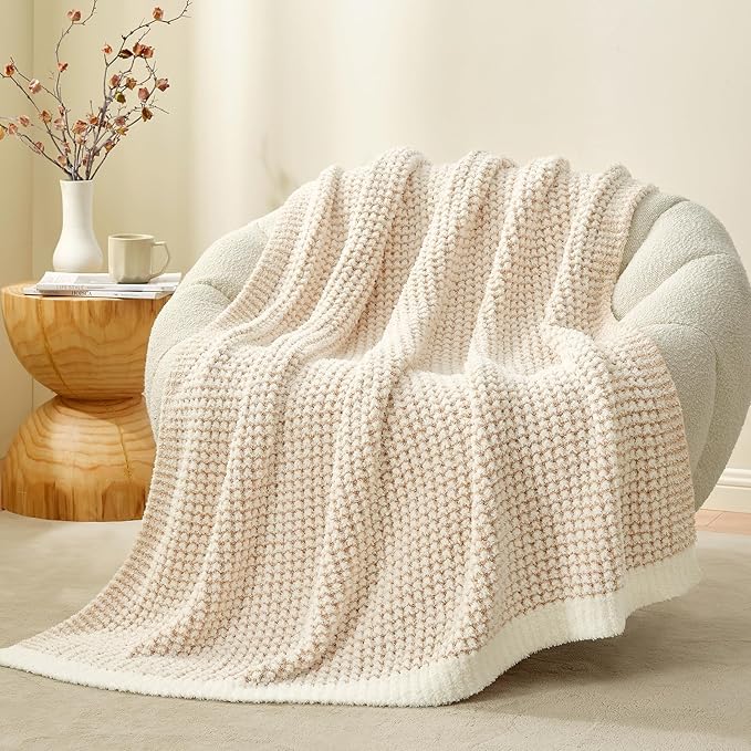 Snuggle Sac Cream Waffle Blanket for Couch Bed Sofa 60x80 inches, Reversible Beige Soft Throw Microfiber Fluffy Fuzzy Cozy Knit Twin Blanket for Women Mothers Birthday Gifts-Ruum Studio Home