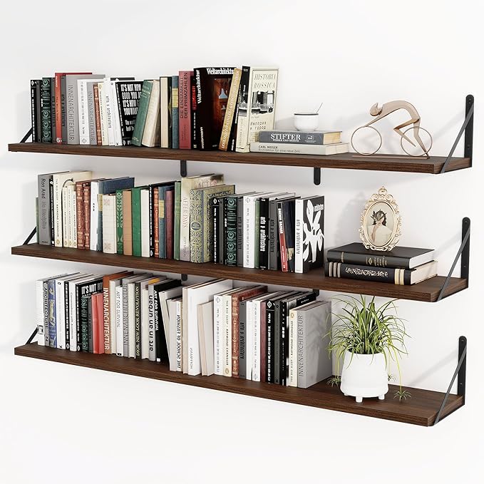 Heimlove 48 Inch Large Floating Bookshelves Set of 3,Wall Mounted Bookshelves,Heavy Duty Wooden Shelves for Living Room,Bedroom,Kitchen,Laundry Room Storage & Decor-Walnut Color-Ruum Studio Home