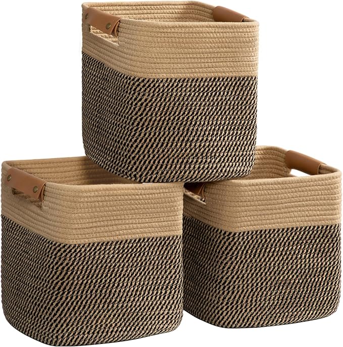 danpinera 3-Pack Cotton Rope Baskets for Storage, 11"x11" Cube Storage Cubes Store Toys, Towel, Snack, Storage Bins with Reinforced Stitching & Practical Handles, Black & Brown-Ruum Studio Home