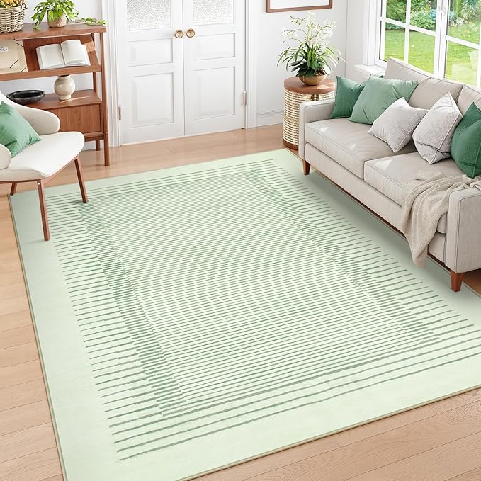Wonnitar Washable Green Striped Runner Rug for Hallway 2'6"x8', Non-Slip Soft Runner Rug for Bedroom, Low Pile Minimalist 8ft Carpet Runner for Bathroom Laundry Kitchen (Green, 2'6" x 8')-Ruum Studio Home