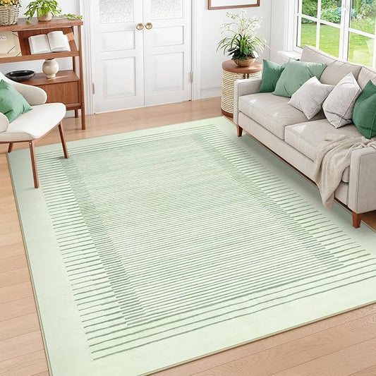 Wonnitar Striped Sage Green 9x12 Rugs for Living Room, Non-Slip Soft Sage Green Bedroom Rug, Low Pile Minimalist Floor Carpet for Nursery Playroom Department (Green,9' x 12')-Ruum Studio Home