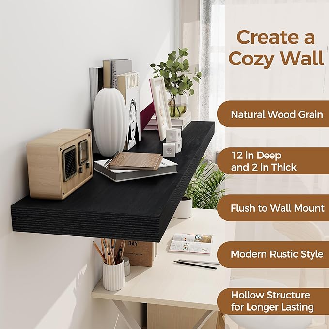 Black Floating Shelves 48 Inch Long, 12 Inch Deep Floating Shelves for Wall, 48 x 12 Large Wall Shelves for Home Storage & Display, 2" Thicked Floating Shelf for Bedroom, Living Room, 1 Pack-Ruum Studio Home