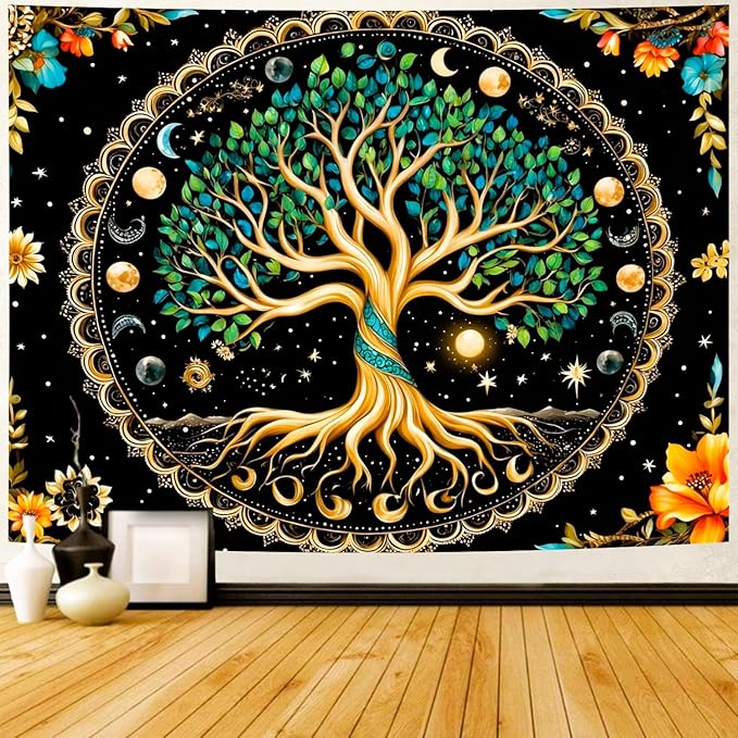 Delur Tree of Life Tapestry Moon Phase Nature Flower Plant Tapestry Wall Hanging Boho Mandala Spiritual Sun Aesthetic Psychedelic Headboard for Bedroom Living Room Home Decor (70.8" x 92.5")-Ruum Studio Home