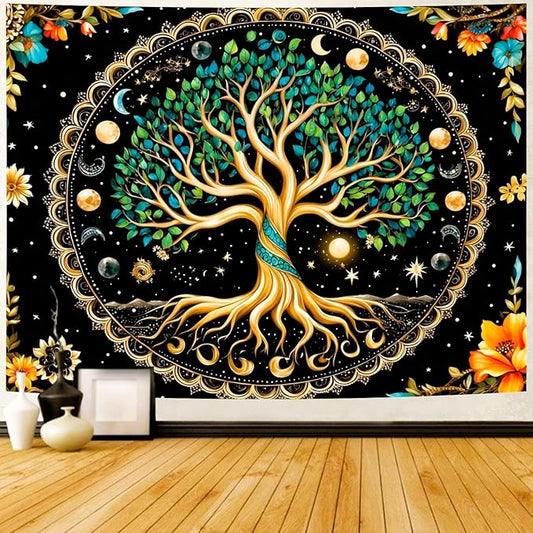 Delur Tree of Life Tapestry Moon Phase Nature Flower Plant Tapestry Wall Hanging Boho Mandala Spiritual Sun Aesthetic Psychedelic Headboard for Bedroom Living Room Home Decor (70.8" x 92.5")-Ruum Studio Home